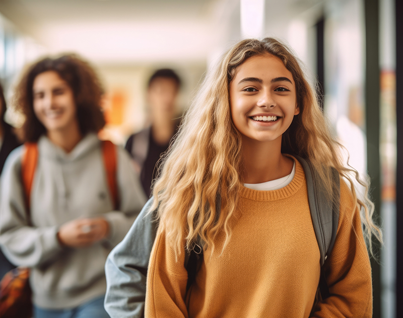 teen girl smiling in school hallway